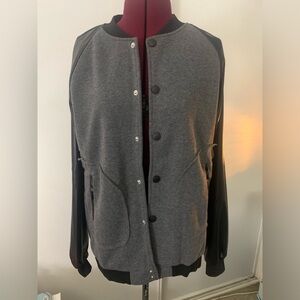 NWOT black and gray letterman jacket with faux black leather sleeves, Size S